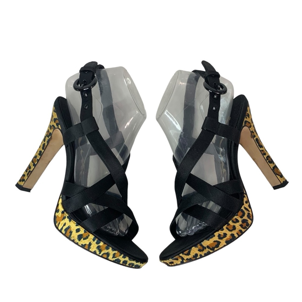 NINA Black Satin Upper w/ Leopard Heel & Platform Leather Sole Sz 8.5